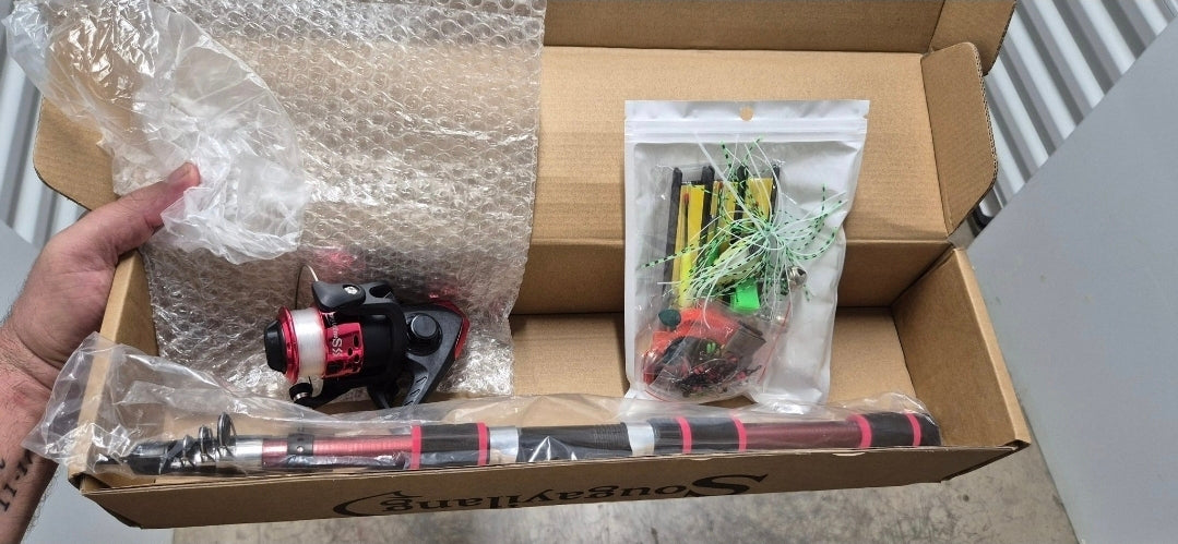 Bärbart Fiskeset – Teleskopisk Stång 180 cm + Spinnrulle & Stort Tillbehörspaket