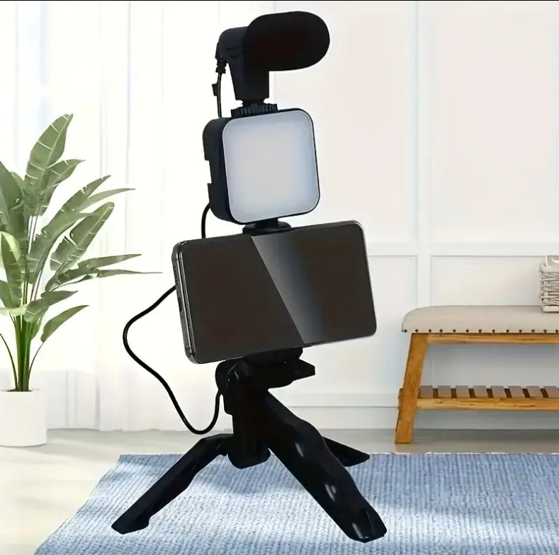 Tripod Vloggkit med Mikrofon & LED-lampa – För iPhone & Android
