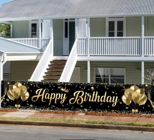 "Happy Birthday" Banner – Svart & Guld | 200 x 40cm