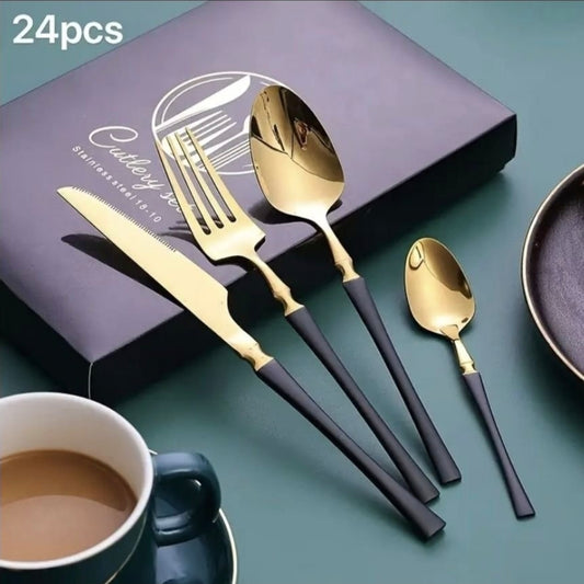 Elegant 24-delars bestickset i guld och svart – stilren dukning varje dag