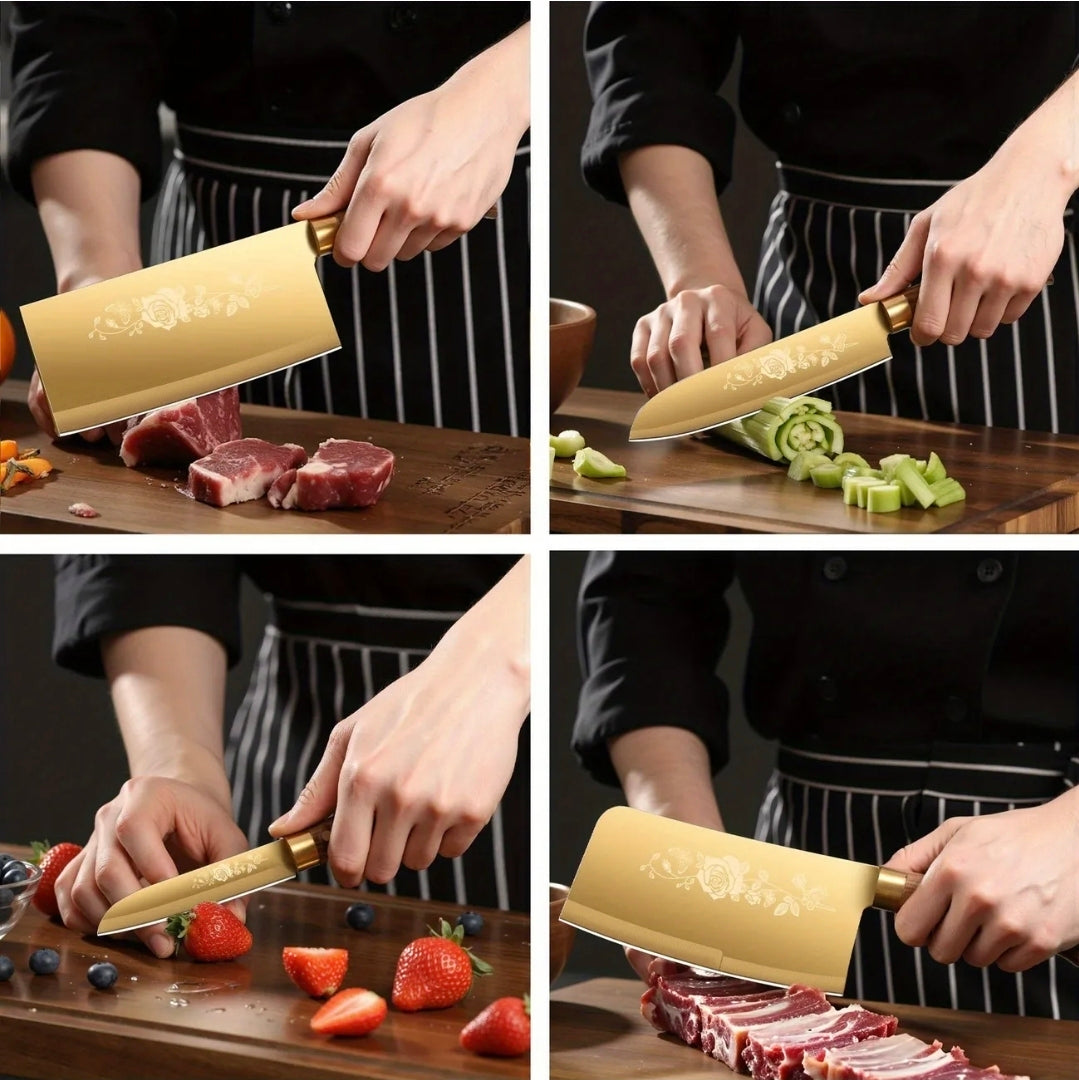 Premium Gyllene Titanbelagda Köksknivset – 4-delars Lyx och Precision för Kökets Alla Uppgift