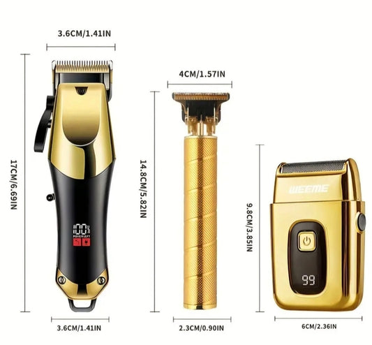 Professionellt hårklippningsset 3-i-1 – Trimmer, detaljtrimmer & rakapparat (guld/svart)