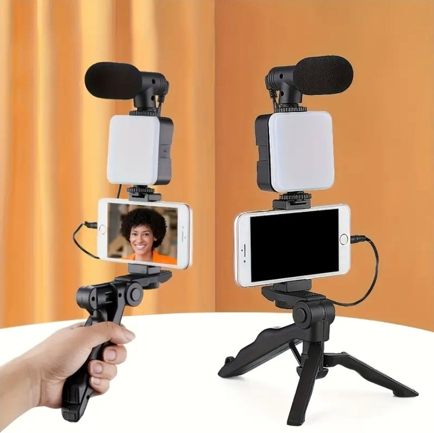 Tripod Vloggkit med Mikrofon & LED-lampa – För iPhone & Android