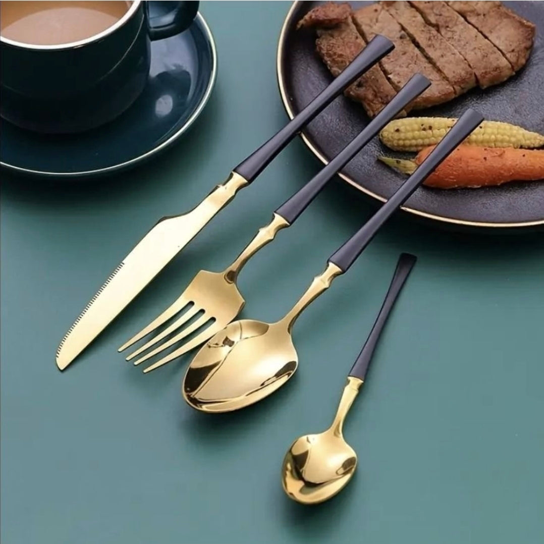 Elegant 24-delars bestickset i guld och svart – stilren dukning varje dag