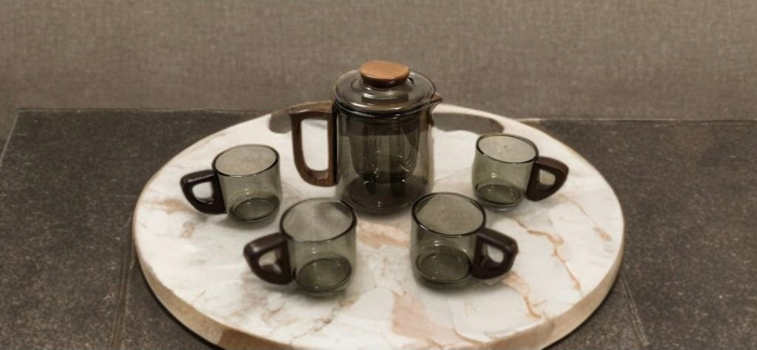 Lyxigt Rökgrått Glas Teset med Trähandtag – 1 Tekanna och 4 Koppar