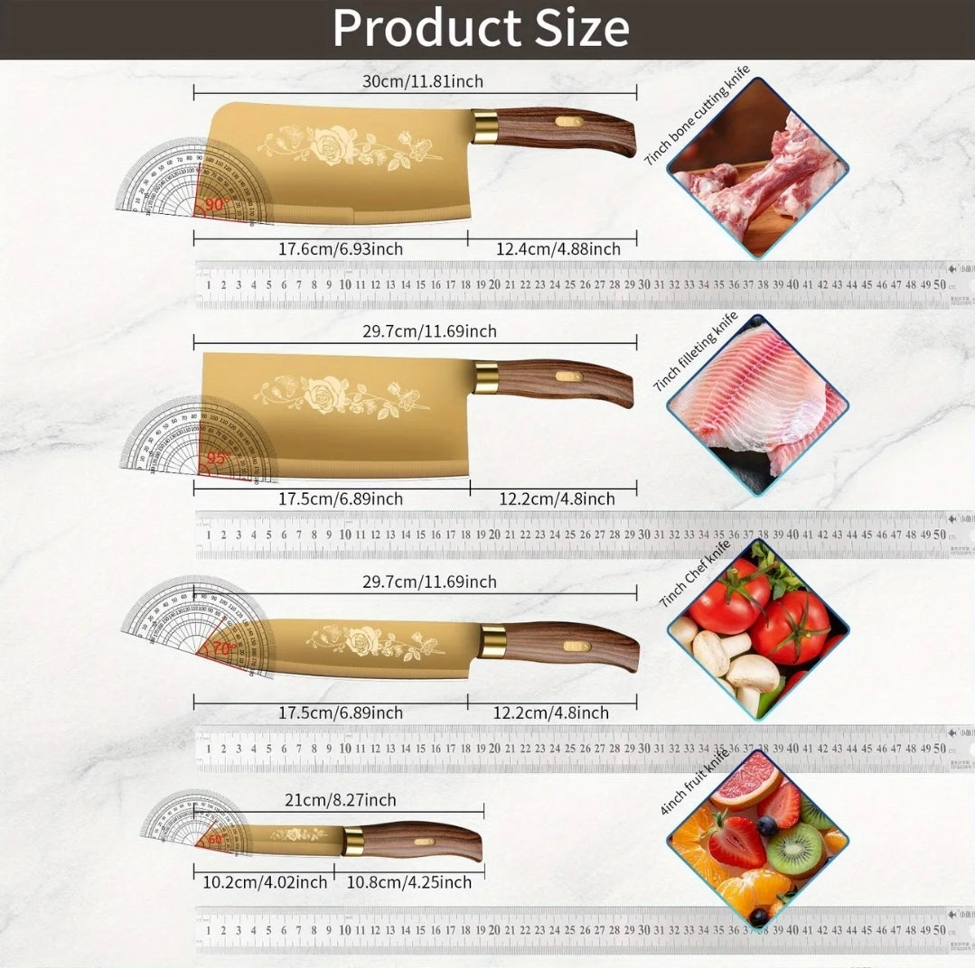 Premium Gyllene Titanbelagda Köksknivset – 4-delars Lyx och Precision för Kökets Alla Uppgift
