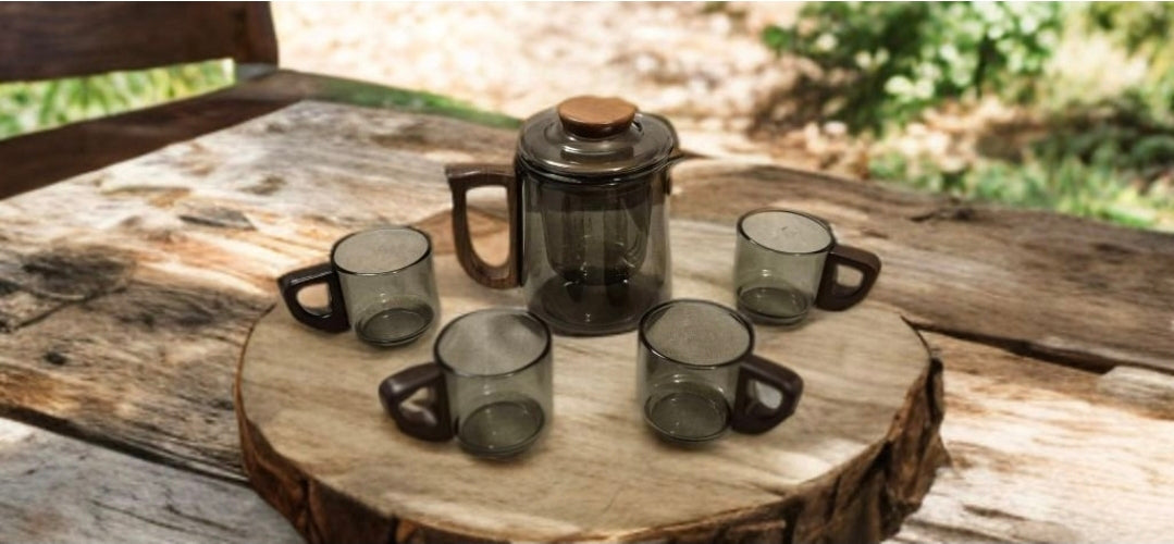 Lyxigt Rökgrått Glas Teset med Trähandtag – 1 Tekanna och 4 Koppar