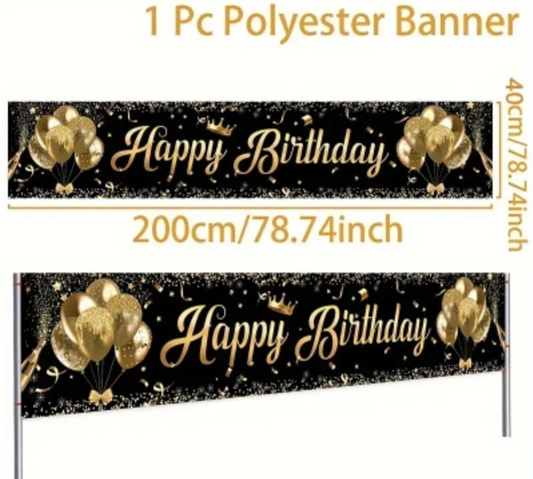 "Happy Birthday" Banner – Svart & Guld | 200 x 40cm