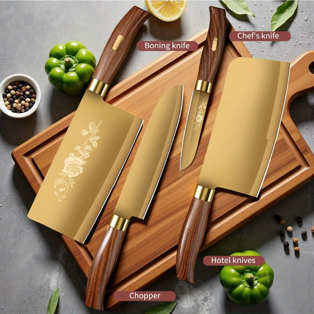 Premium Gyllene Titanbelagda Köksknivset – 4-delars Lyx och Precision för Kökets Alla Uppgift