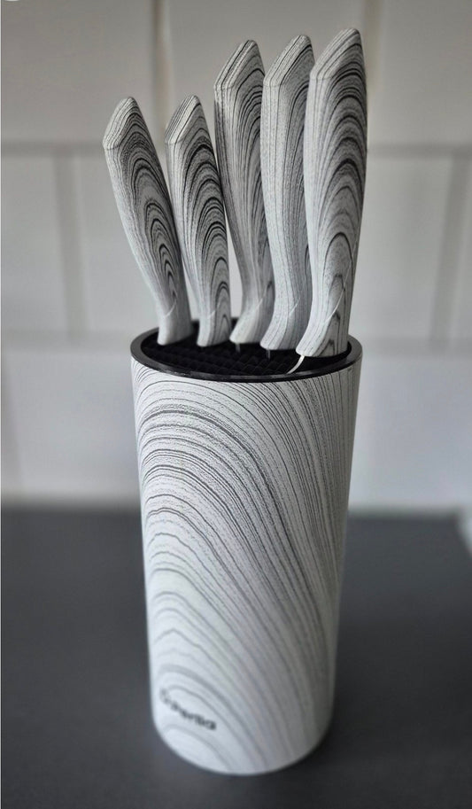 6-delars Kökssknivset med Marmormönstrade Handtag – Komplett Set med Vertikal Cylindrisk Knivhållare